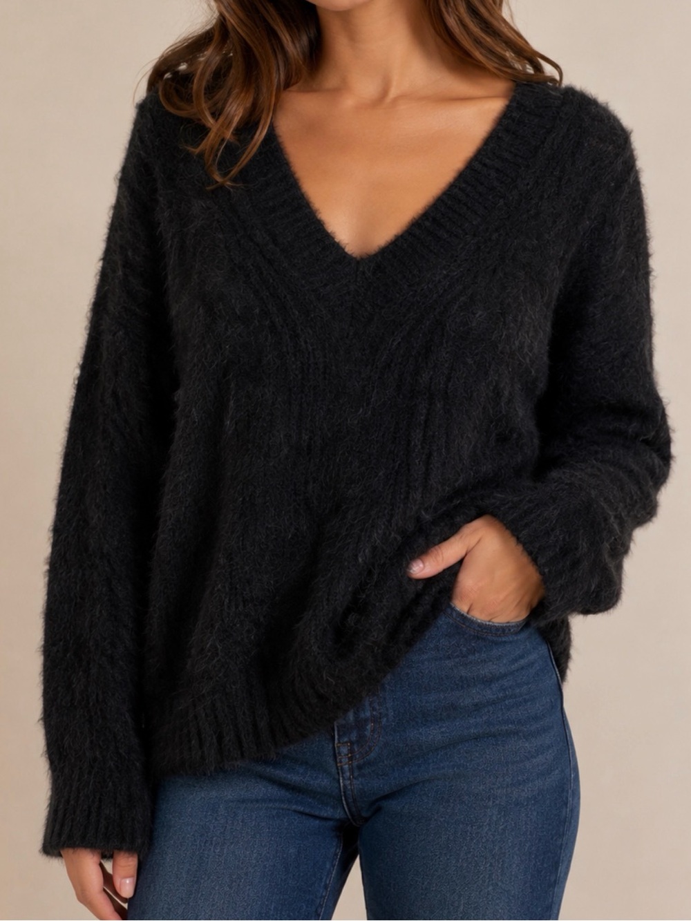 Lucky Brand Black‎ Eyelash Knit V-Neck Sweater Medium Cozy